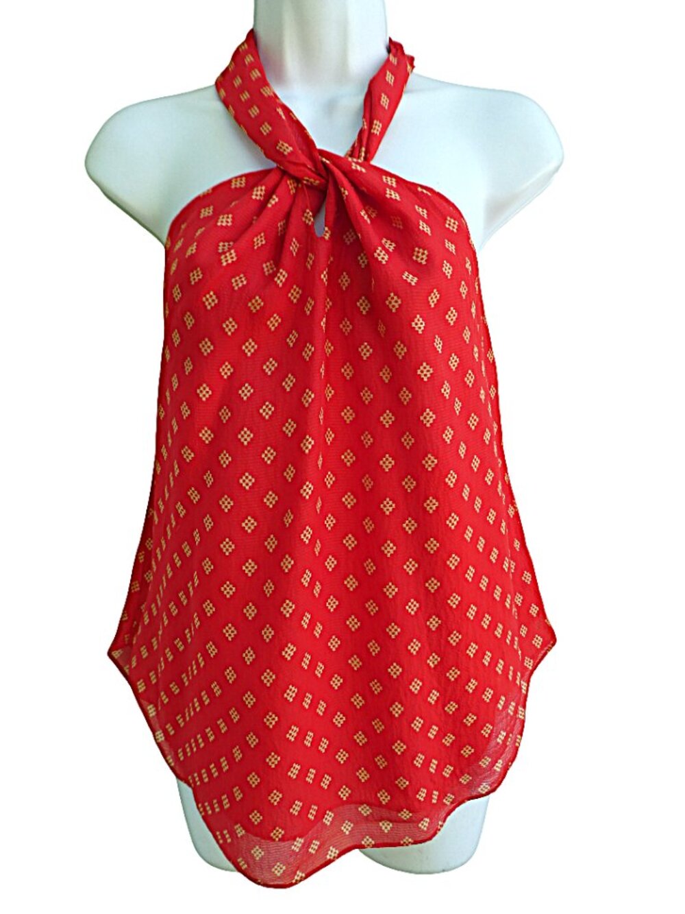 SiLK Joie Lisie Twist Front Halter Top Red Tan Diamond Print 3 button Keyhole Ba